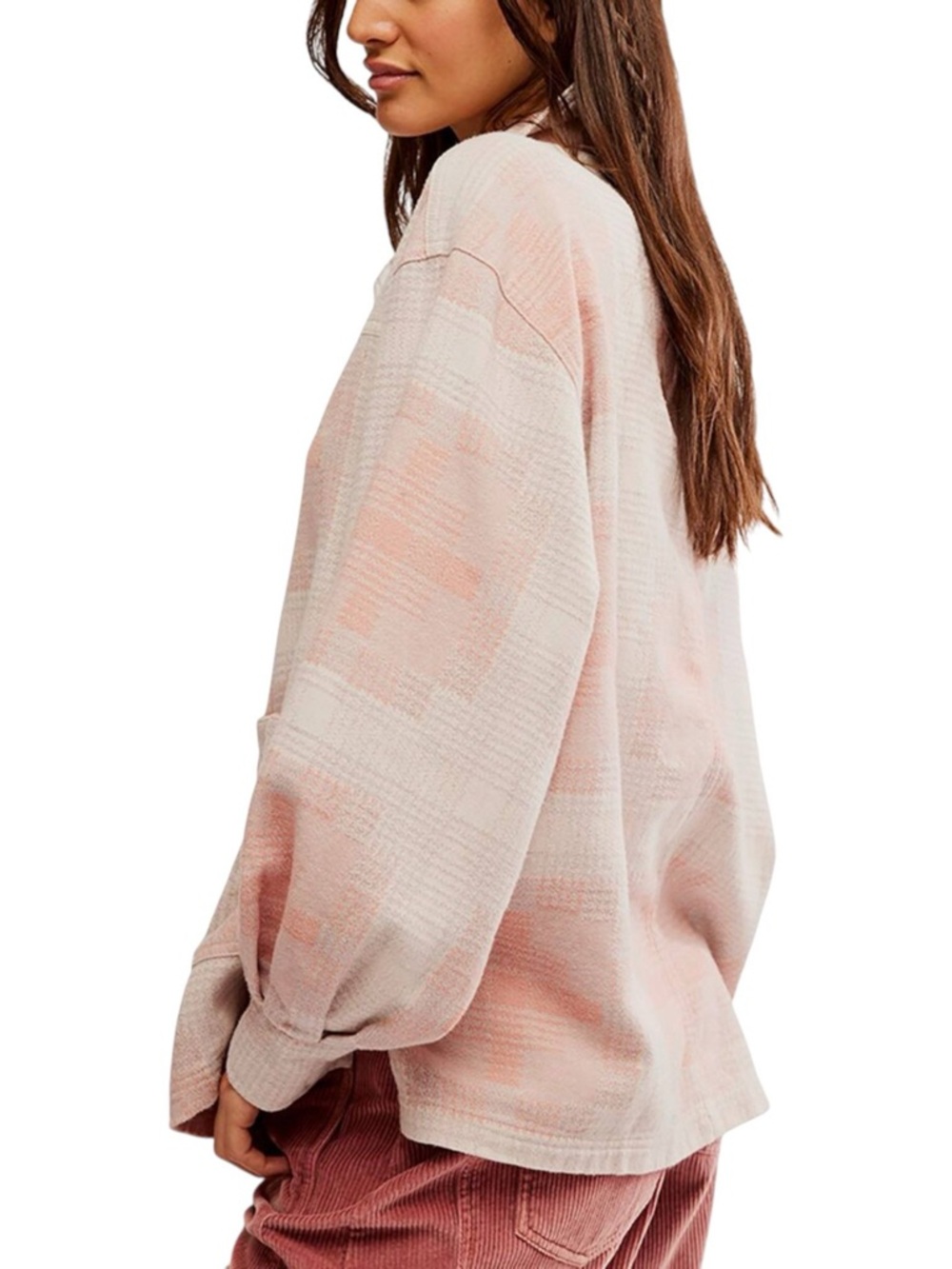 Free People Shirt Women L Beige Pink Plaid Button Up Long Sleeve - Picture 2 of 10